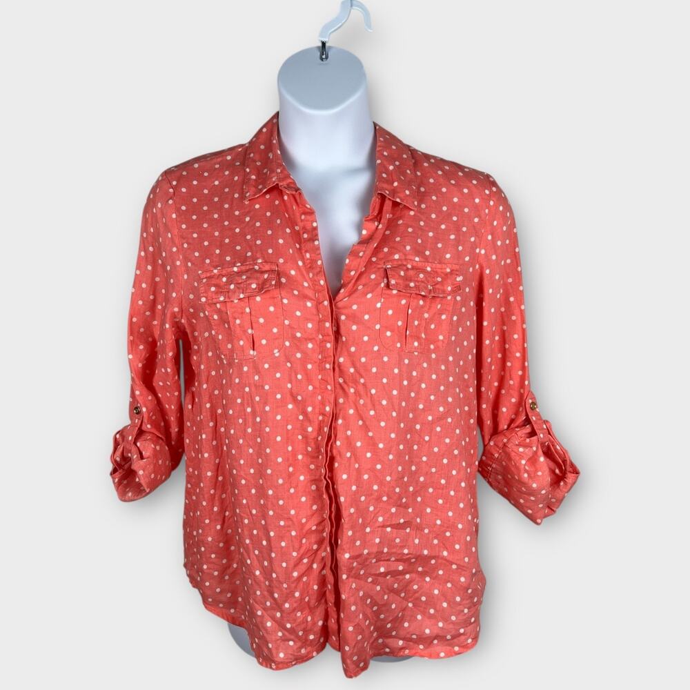 Charter Club Pink Polka‎ Dot Linen Blouse Roll Tab Sleeves Women’s XL